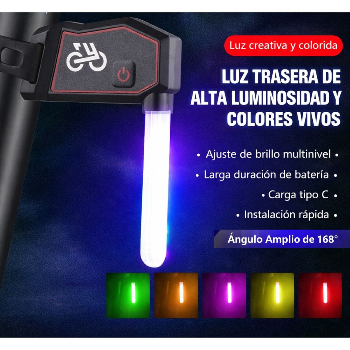 Luz trasera LED para bicicleta recargable USB-C, 8 modos y varios colores - foto 2