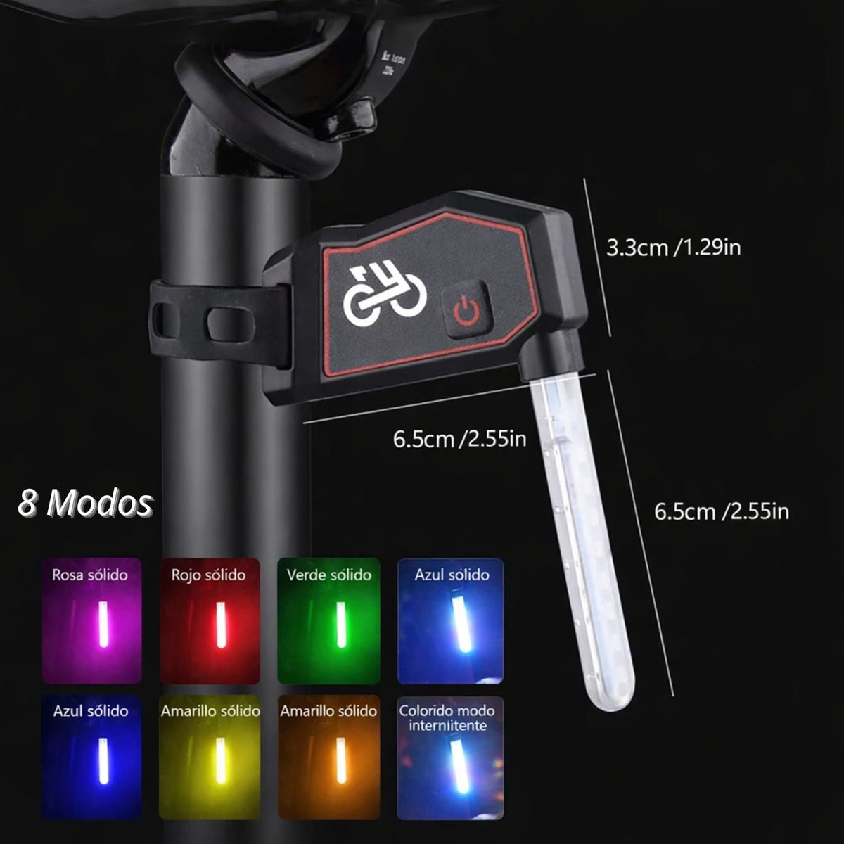 Luz trasera LED para bicicleta recargable USB-C, 8 modos y varios colores - foto 3