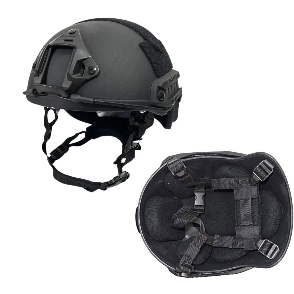 Casco táctico con orejas recortadas, almohadillas, rieles y bases