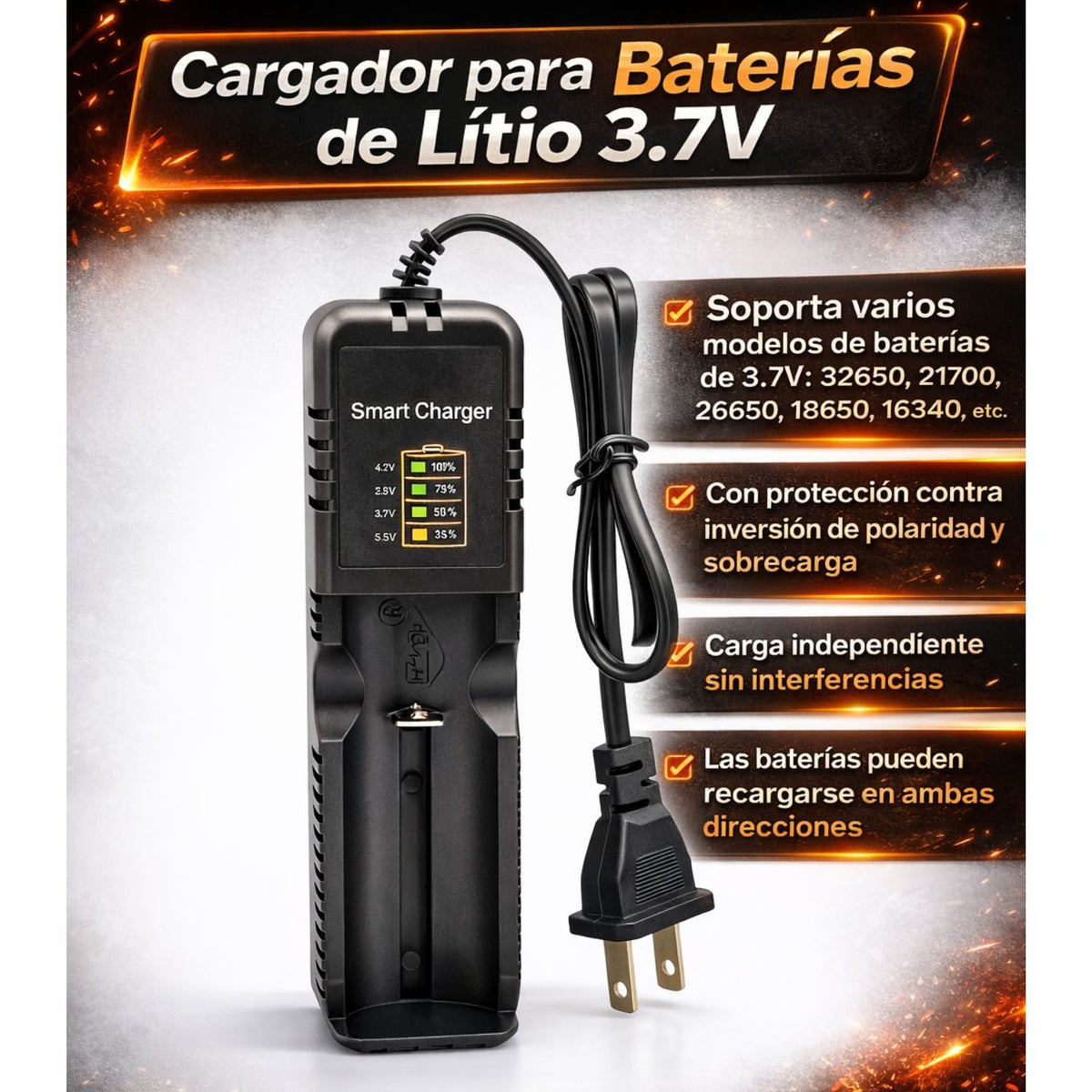 Cargador inteligente universal para baterías de litio 3.7 V con salida USB - foto 2