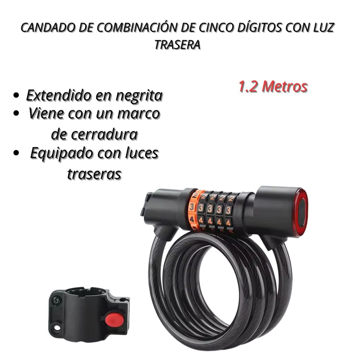 Candado de cable de 1.2 m con clave de 5 dígitos y luz trasera integrada - foto 2