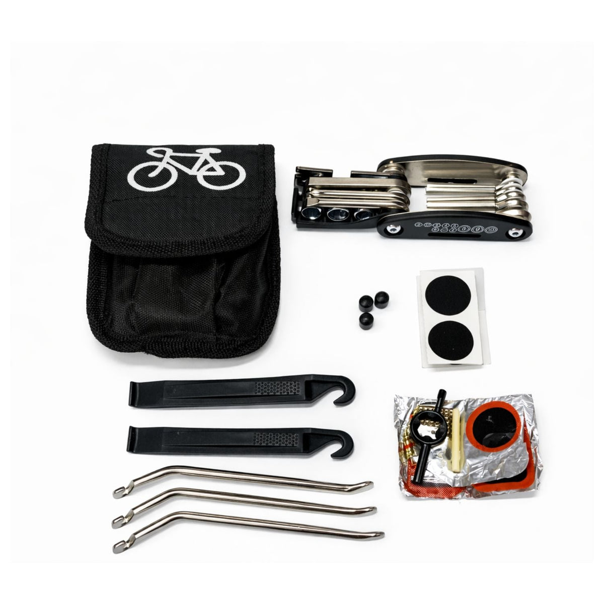 Kit de herramientas 16 en 1 para bicicleta con parches y funda