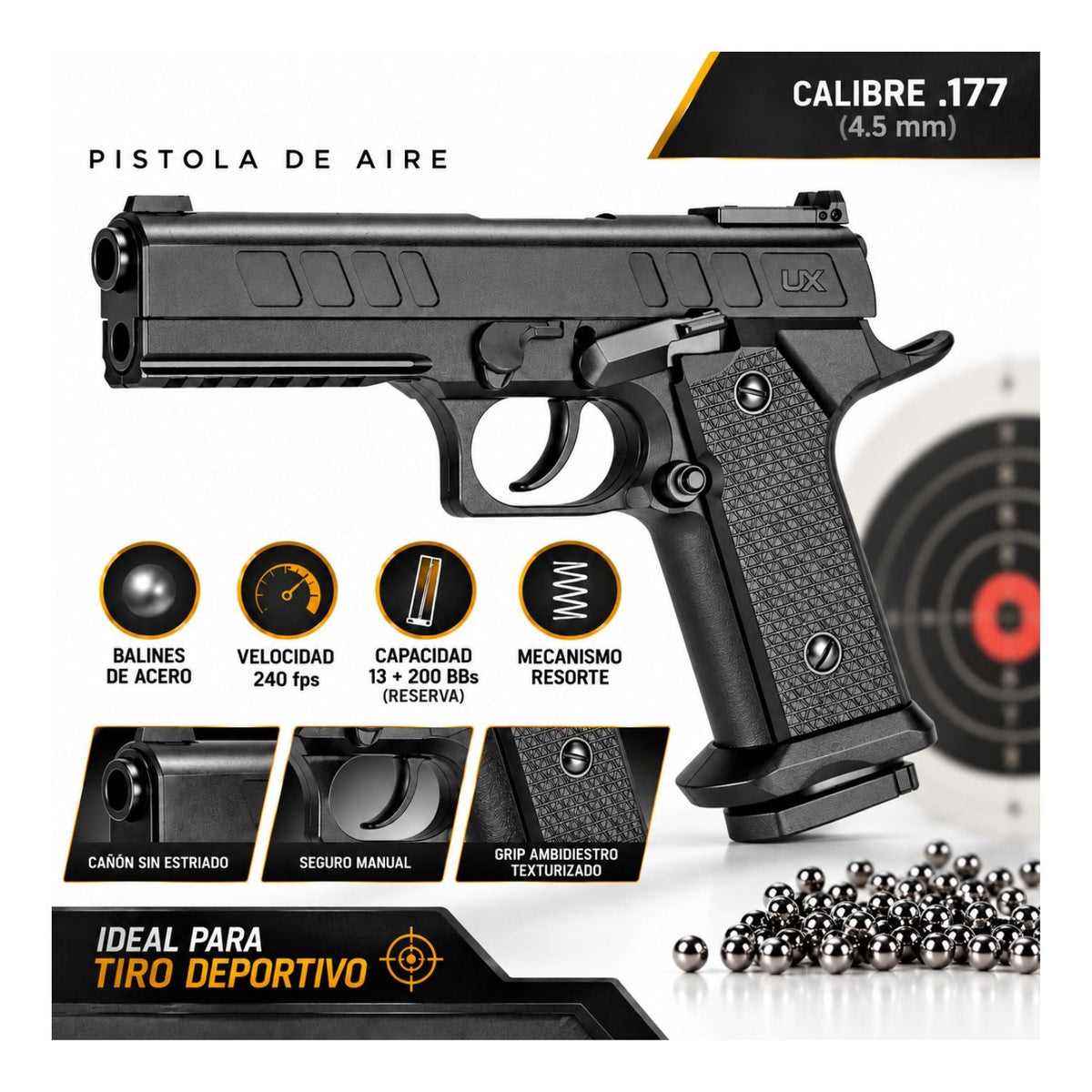 Pistola de aire de resorte calibre 4.5 mm sin CO2, con depósito para 200 BBs - foto 4