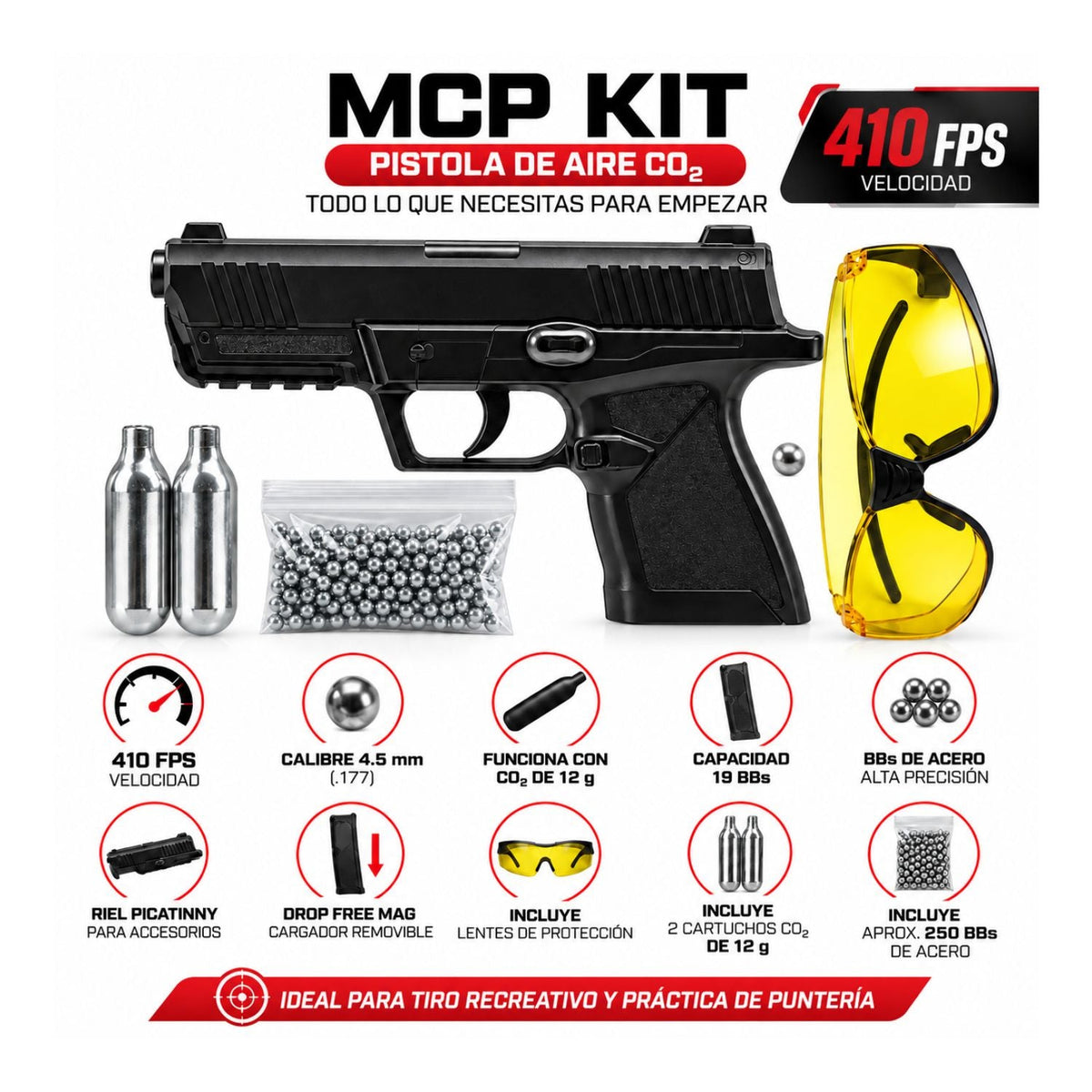 Kit pistola de aire UX MCP CO2 calibre 4.5 mm con lentes, BBs y 2 cartuchos - foto 3