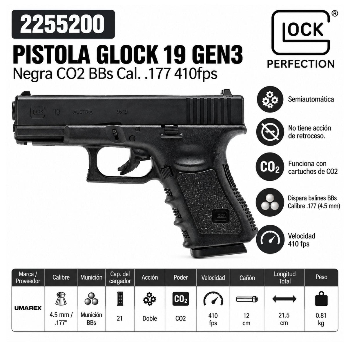 Pistola de aire Glock 19 Gen3 CO2 4.5 mm semiautomática con cargador de 21 BBs - foto 3