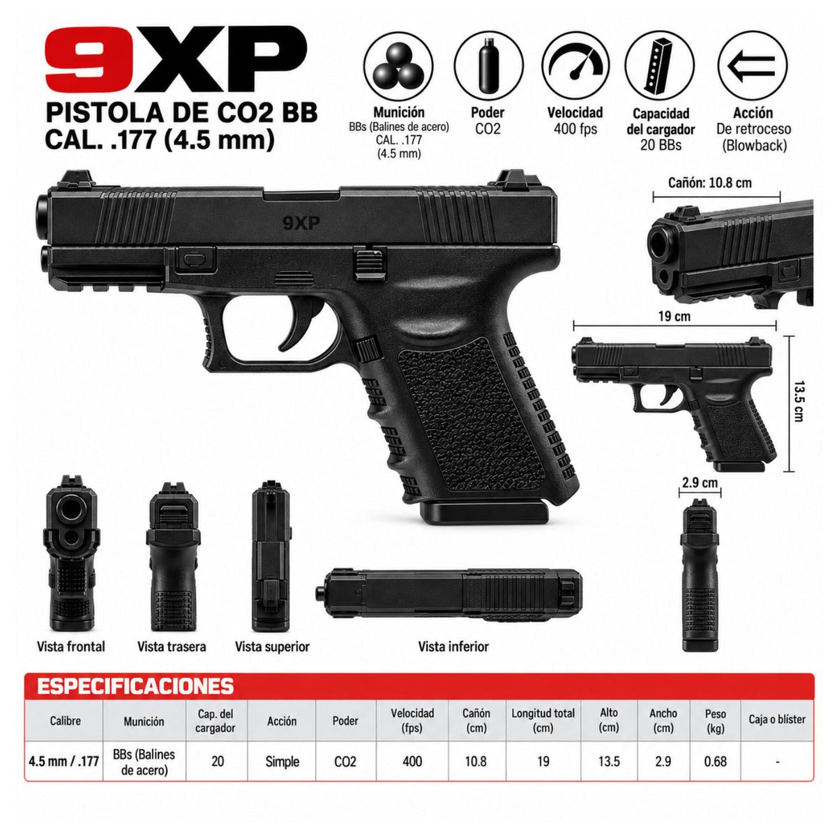 Pistola de aire Umarex 9XP CO2 blowback calibre 4.5 mm con 20 tiros - foto 3