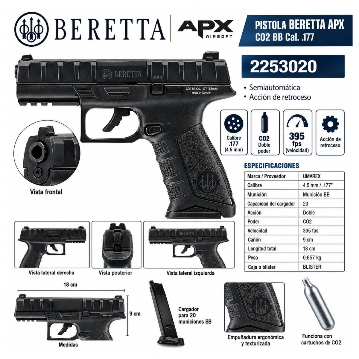 Pistola de aire Beretta APX CO2 blowback 4.5 mm con cargador de 20 BBs - foto 2