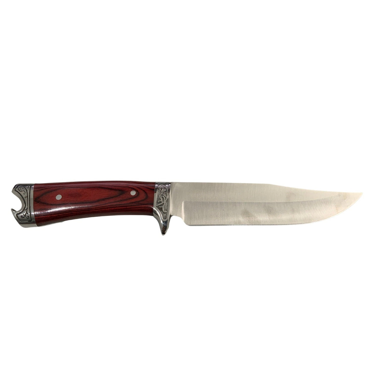 Cuchillo tipo Bowie de hoja fija con mango acabado madera y funda JF821
