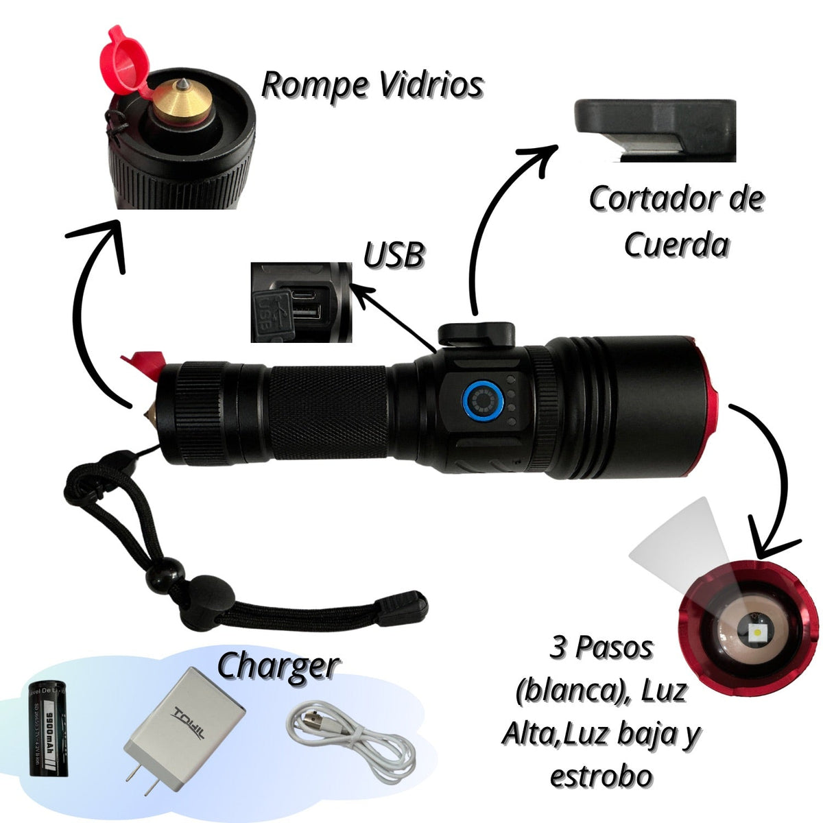Linterna LED T180 de 3 pasos con power bank y zoom VOG101 - foto 2