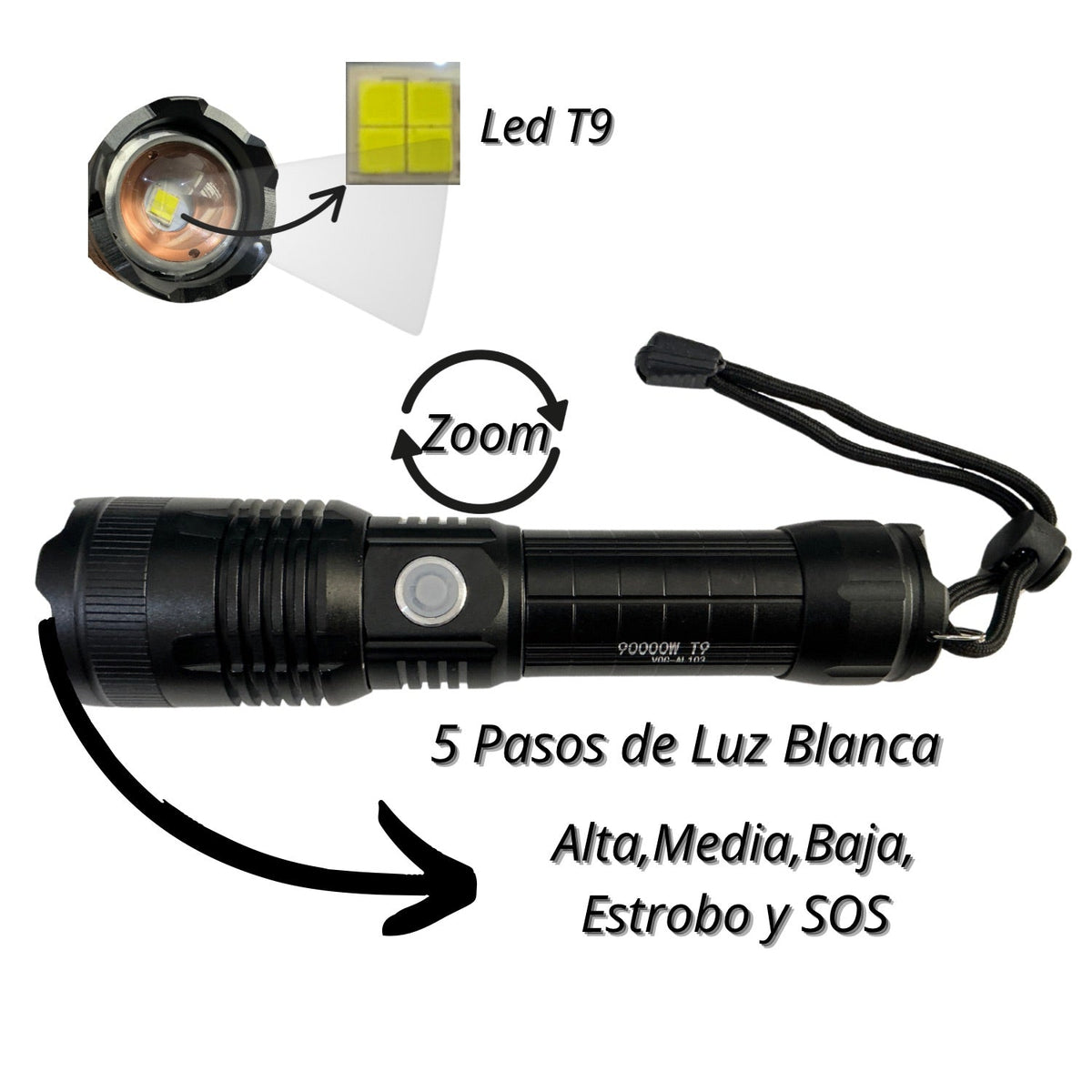 Linterna LED T9 con zoom y 5 modos de luz blanca VOG103 - foto 2