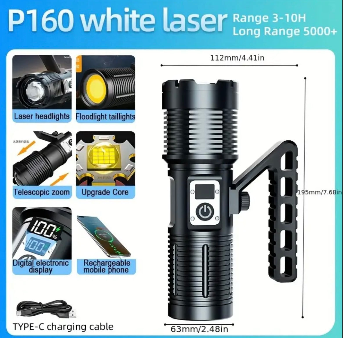 Maxi linterna LED T160 con COB trasero y power bank - foto 6