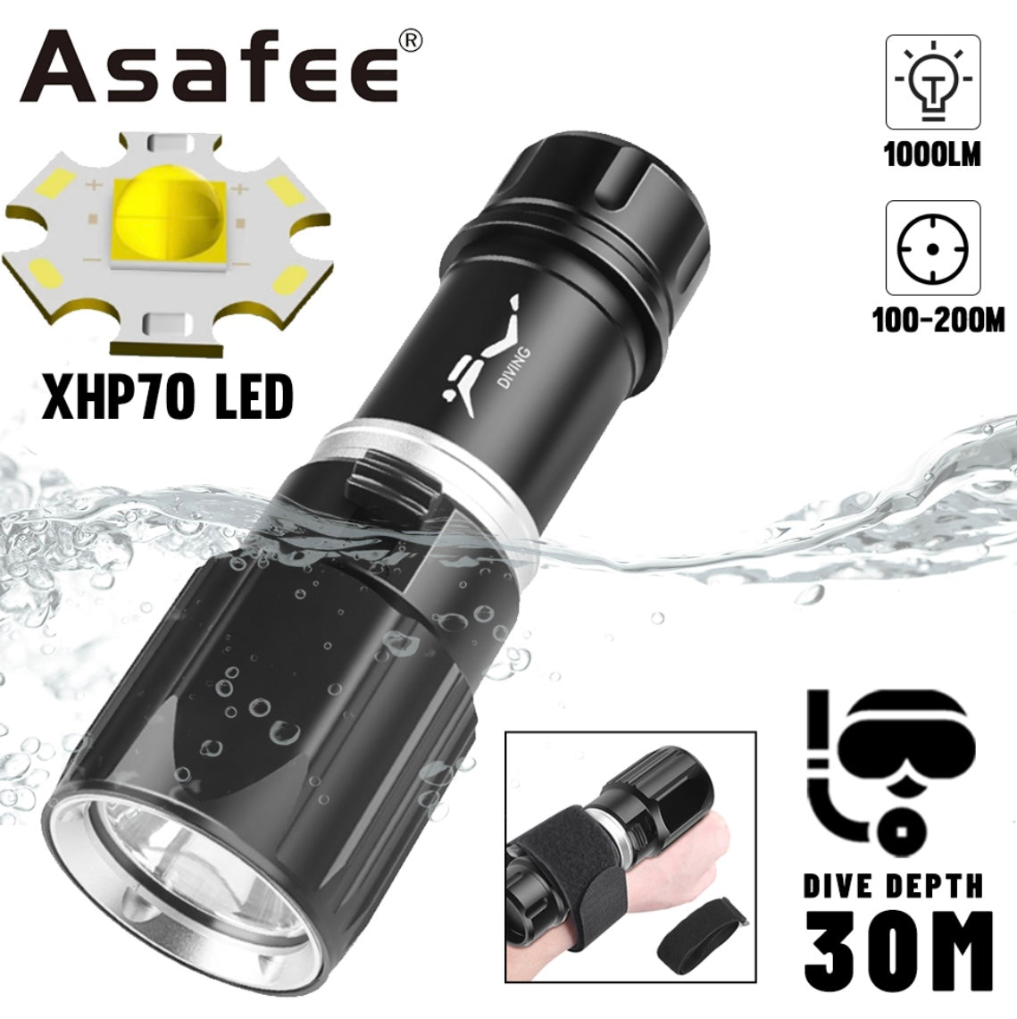 Linterna de buceo recargable con 3 pasos de luz