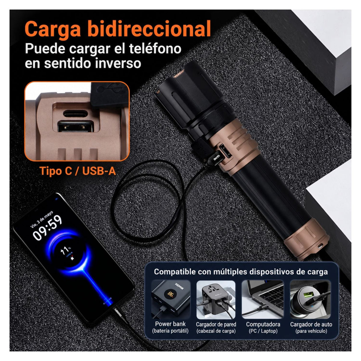 Linterna LED recargable con luz de camping, power bank y pantalla - foto 4