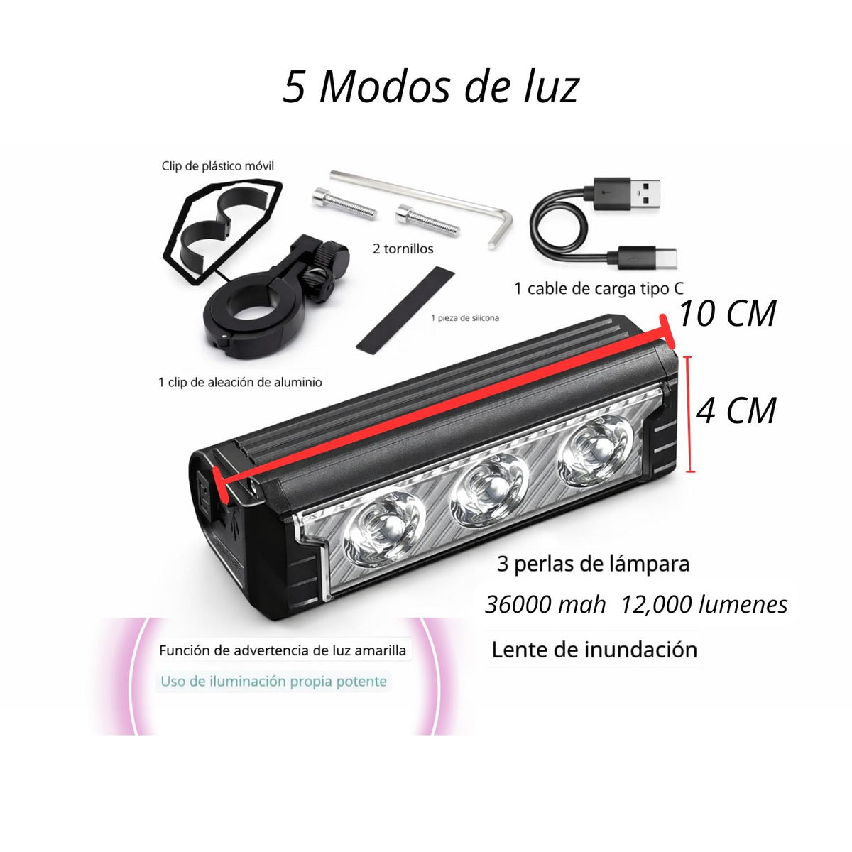 Lámpara LED para bicicleta con 3 LEDs, 5 modos y carga USB-C impermeable - foto 2