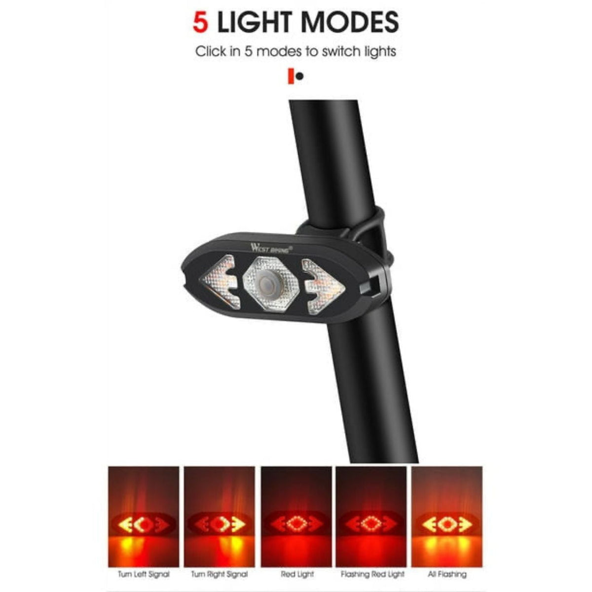Luz trasera para bicicleta con intermitentes y 5 pasos - foto 2