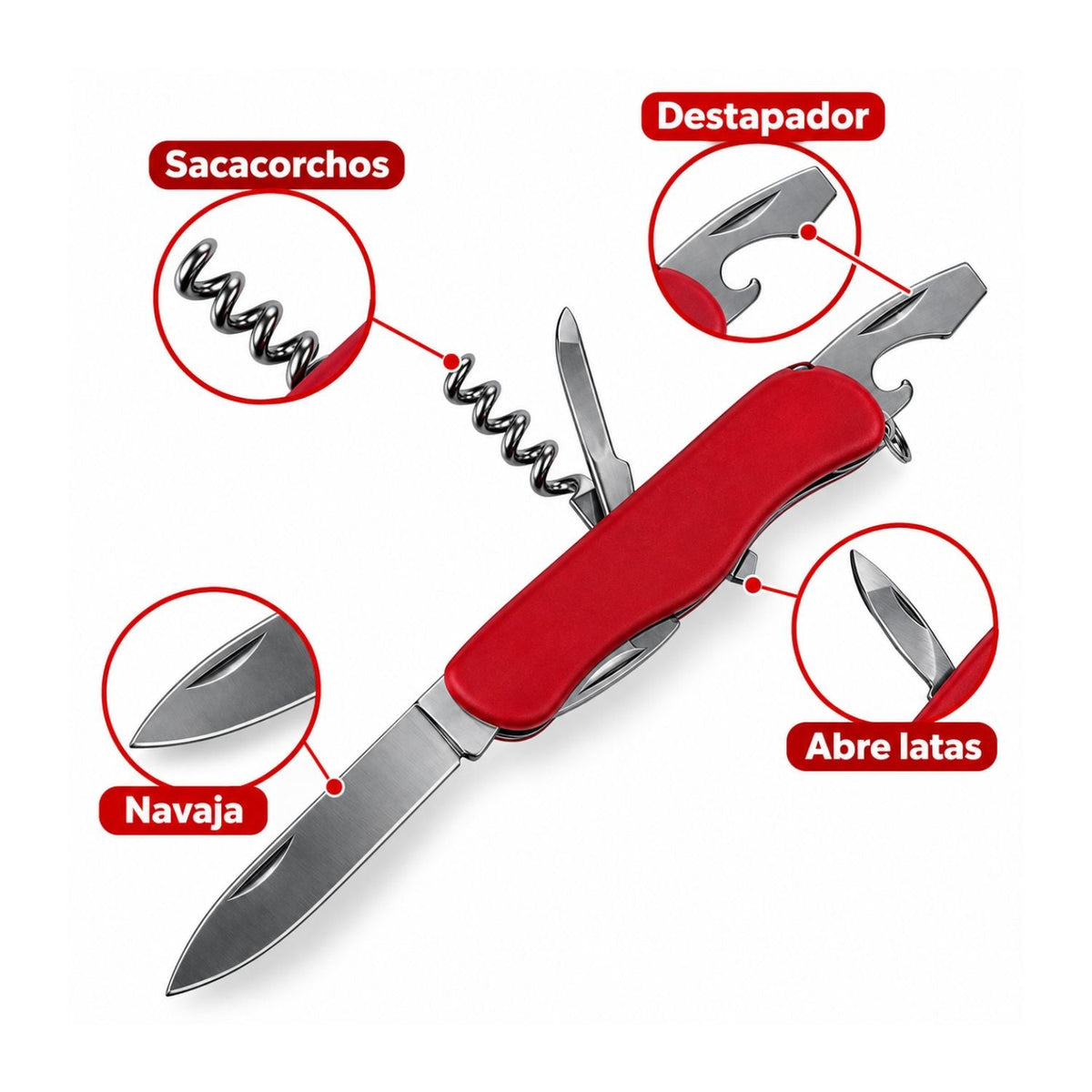 Navaja multiherramienta compacta roja con sacacorchos, abrelatas y destapador - foto 4