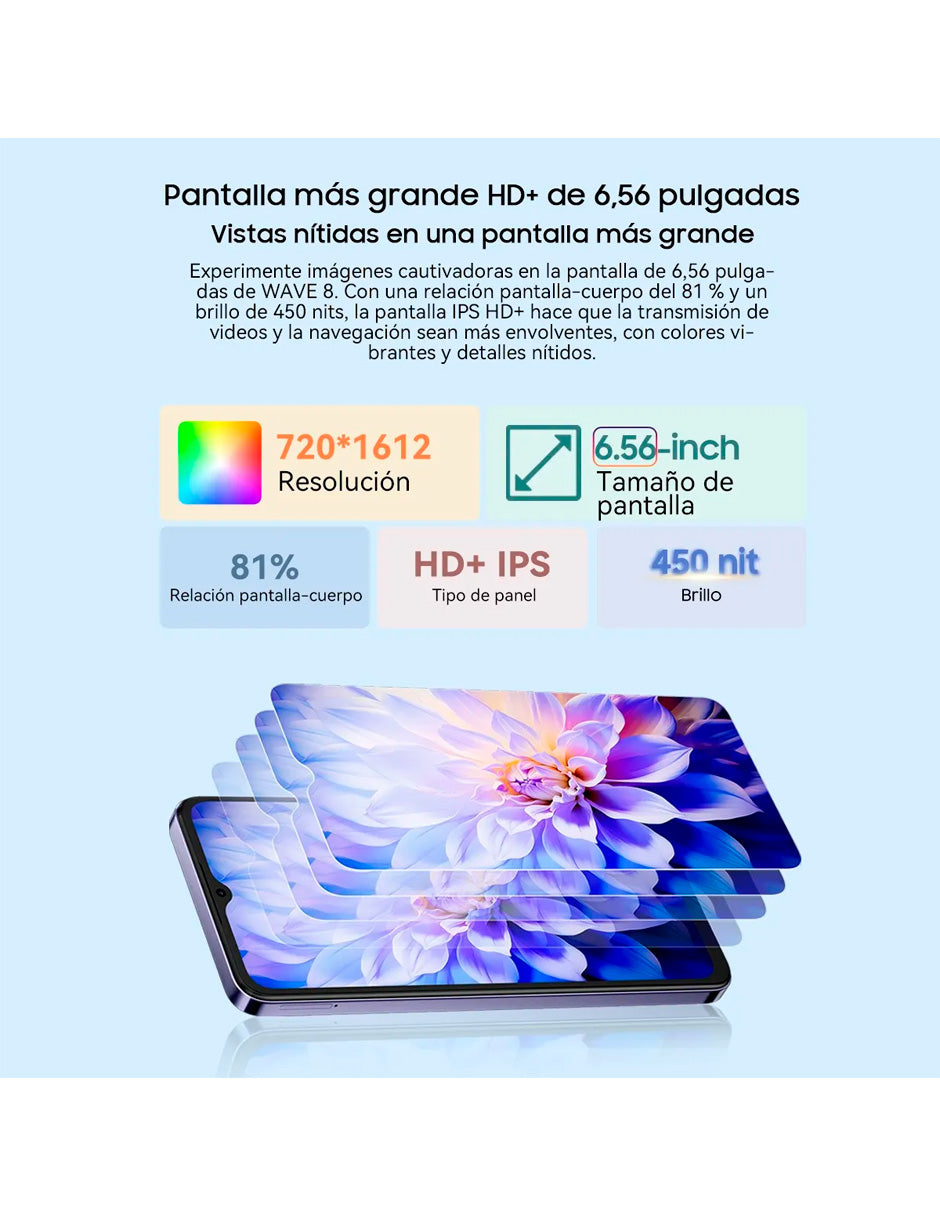 Smartphone Wave 8 4gb + 128gb con Pnatalla Hd+ con Face ID