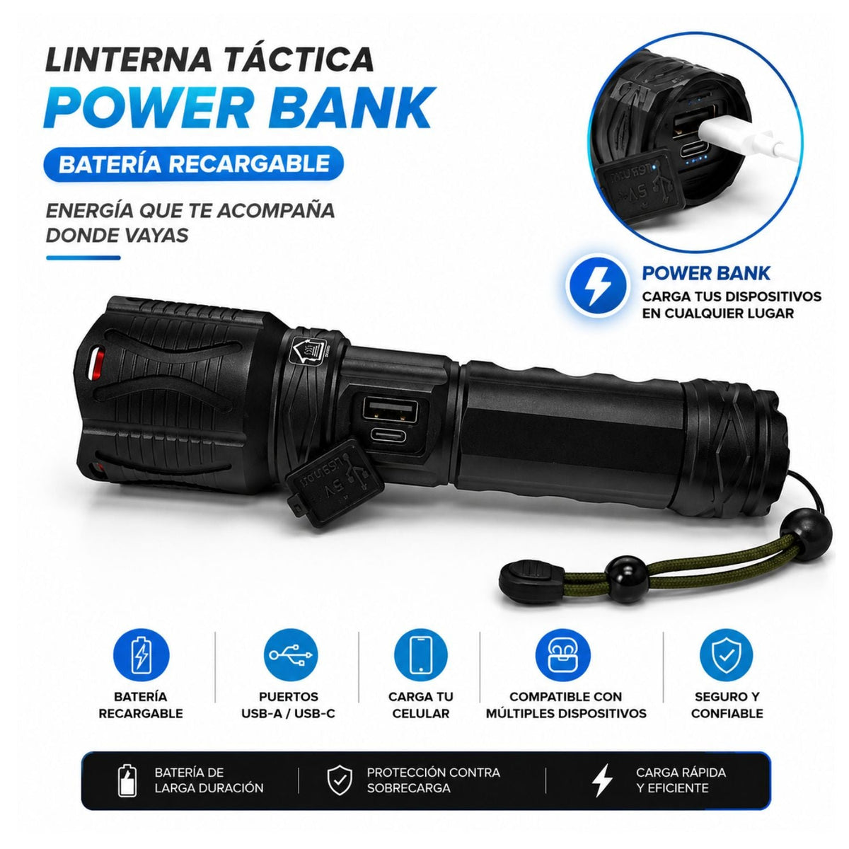 Linterna táctica recargable con power bank, USB-C y COB lateral, 6 modos (WB603) - foto 3
