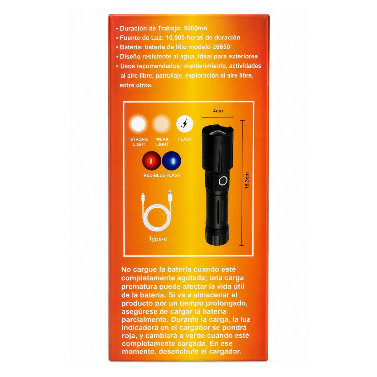 Linterna táctica LED 26650 de 5000 mAh con USB-C y luz patrulla (WL15) - foto 6