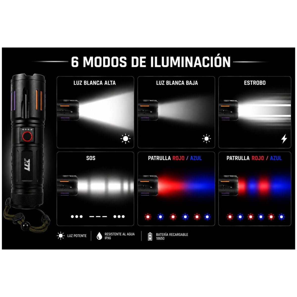 Linterna táctica recargable 18650 USB-C, 6 modos, IPX6 e imán (WL19) - foto 4