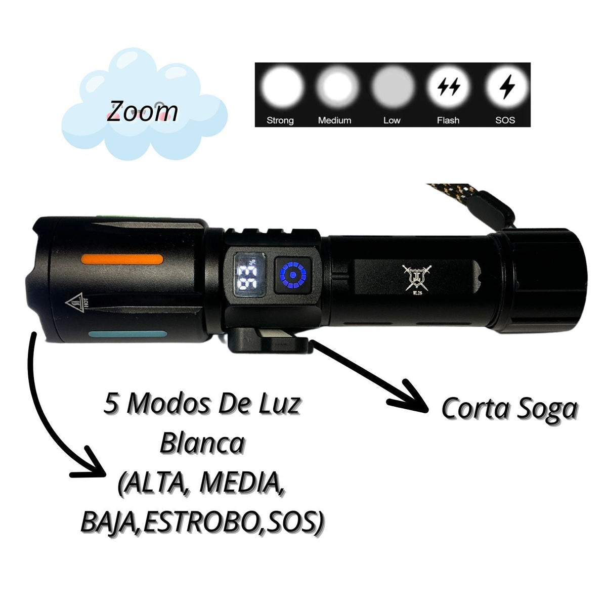 Linterna táctica recargable con pila 21700, 5 modos, zoom y USB-C WL26 - foto 2