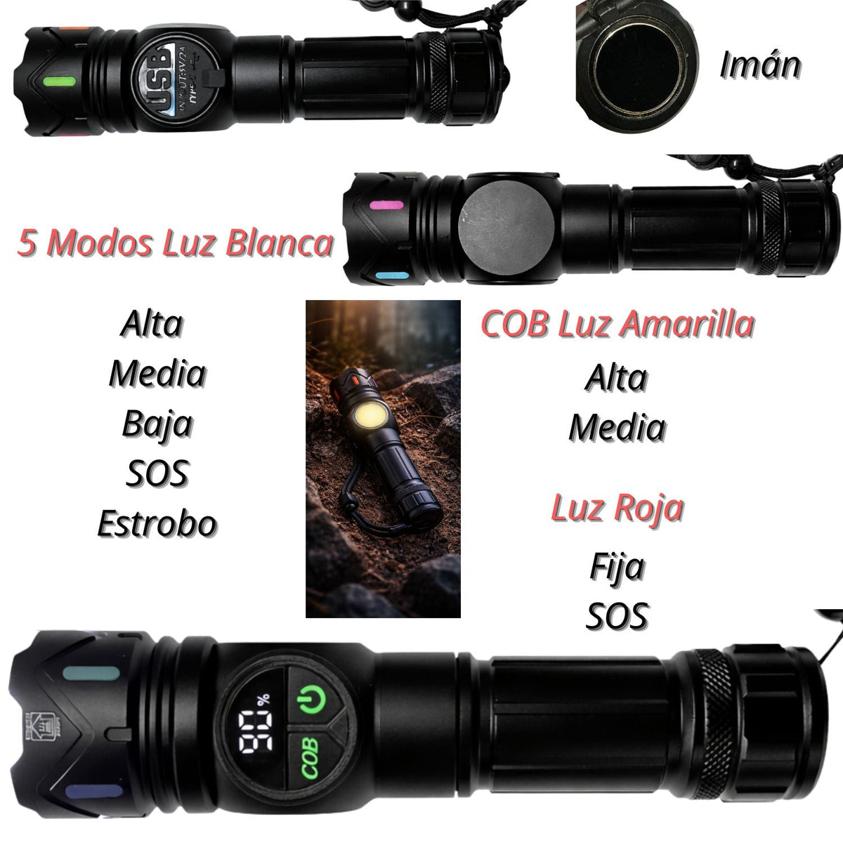 Linterna LED mini recargable USB-C con luz COB lateral e imán - foto 2