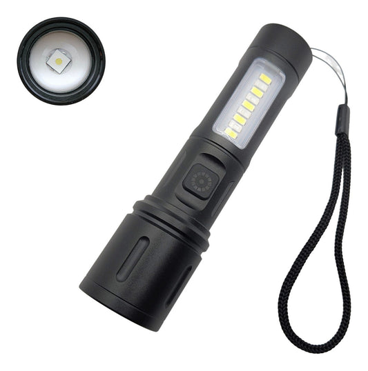 Linterna LED con efecto patrulla, zoom y 6 modos
