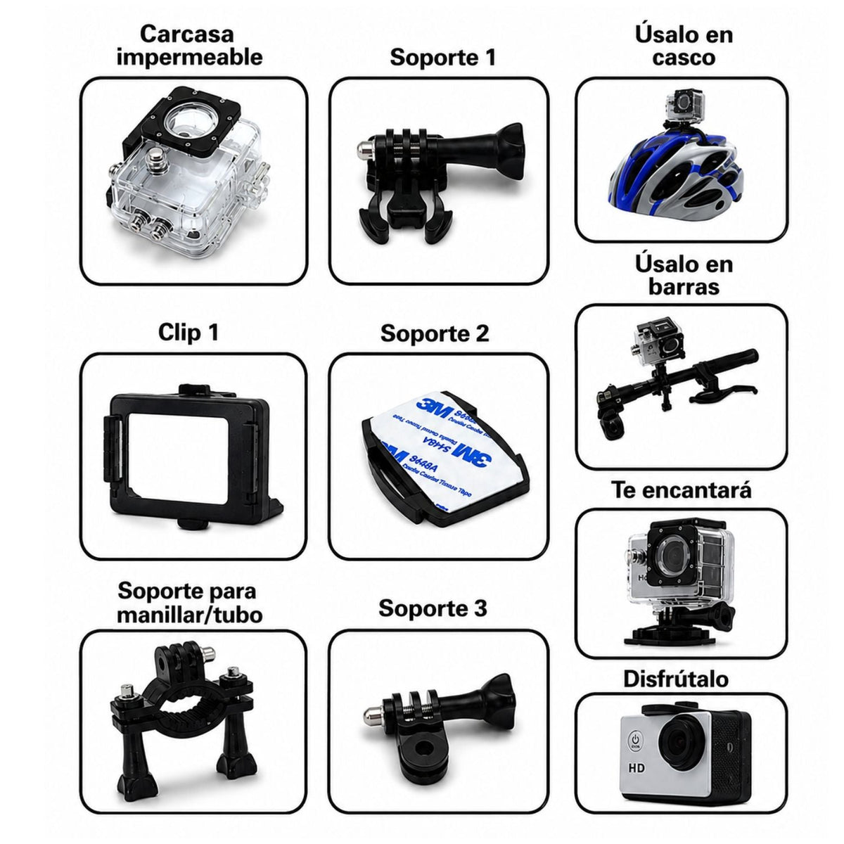 Cámara deportiva Full HD 1080P con carcasa sumergible y accesorios - foto 4