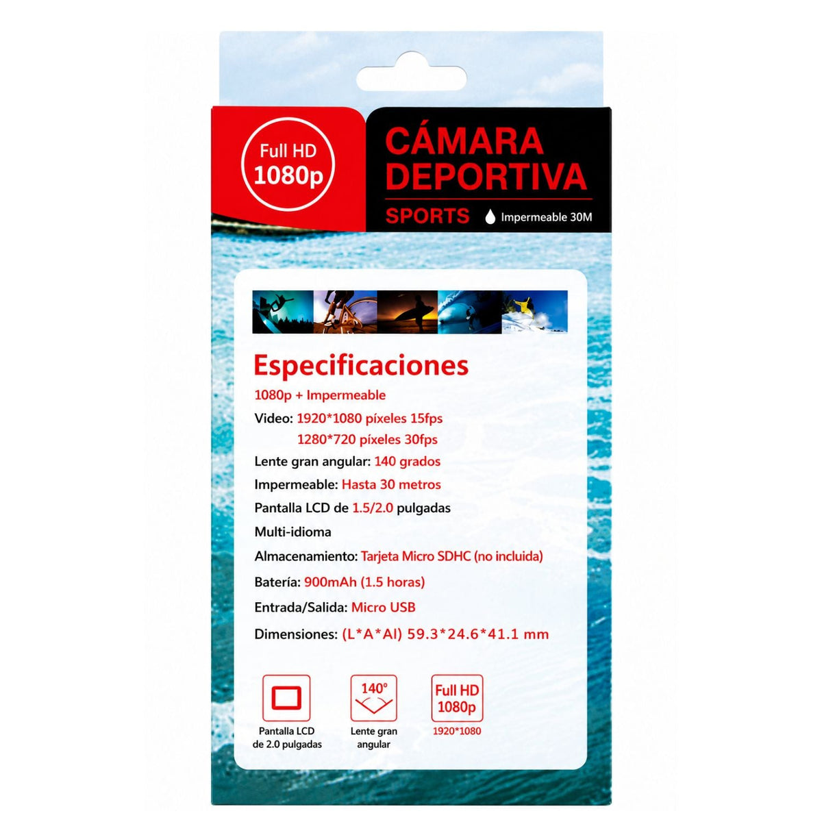 Cámara deportiva Full HD 1080P con carcasa sumergible y accesorios - foto 6