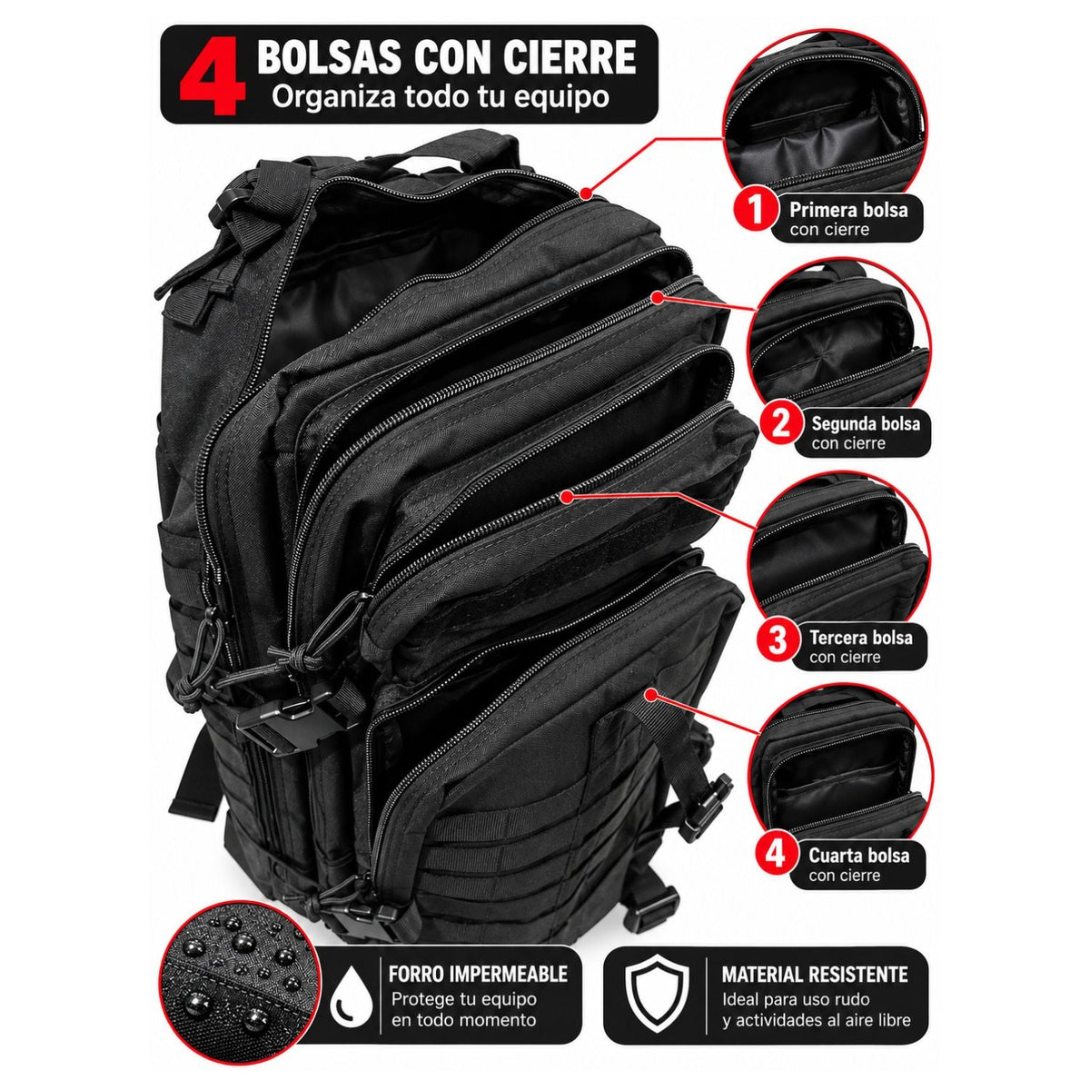 Mochila táctica de 34 L con MOLLE, forro impermeable y 4 compartimentos - foto 4