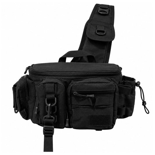 Bolsa táctica de hombro tipo bandolera con cinturón y muchos compartimentos