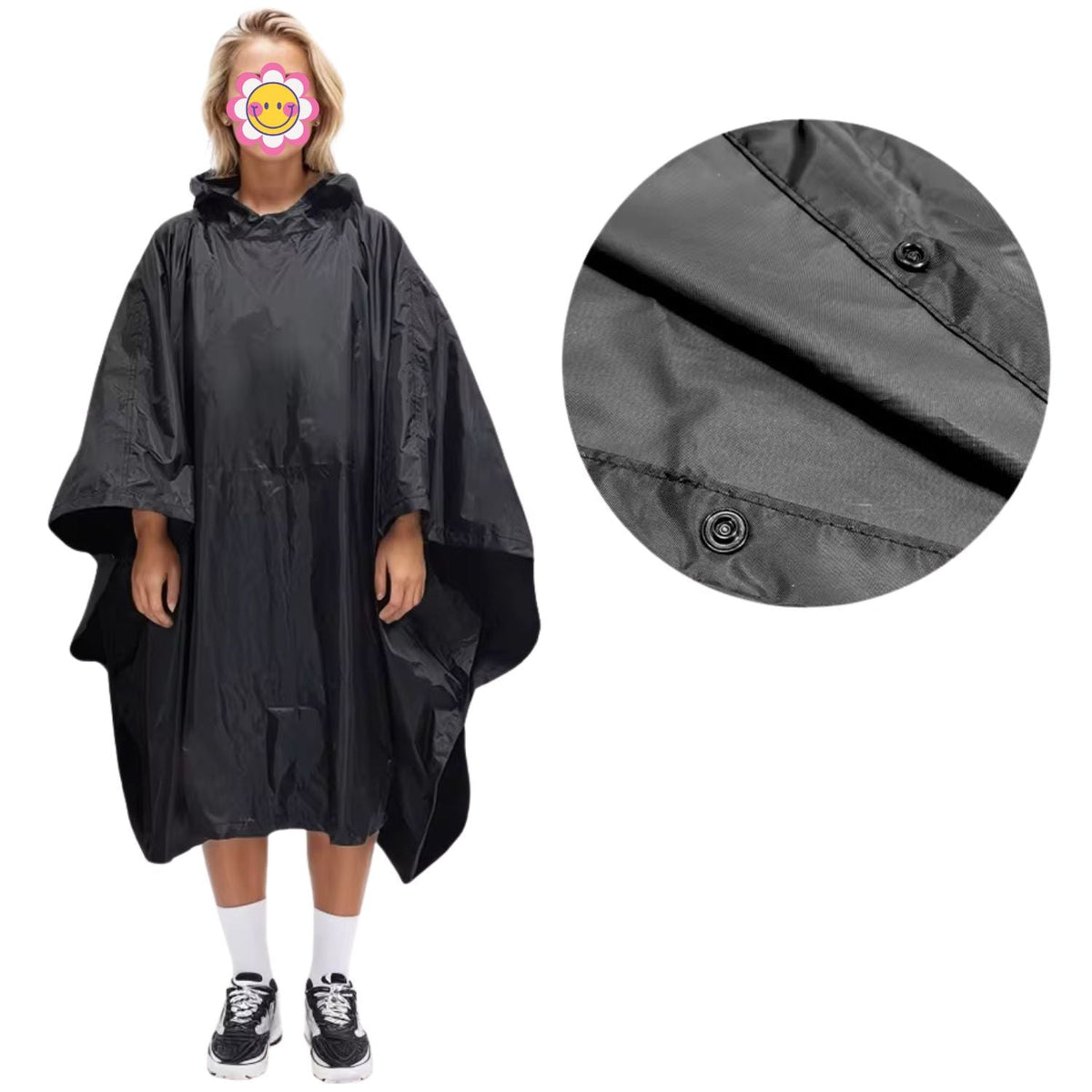 Poncho impermeable negro con capucha, botones de presión y reflejantes - foto 3