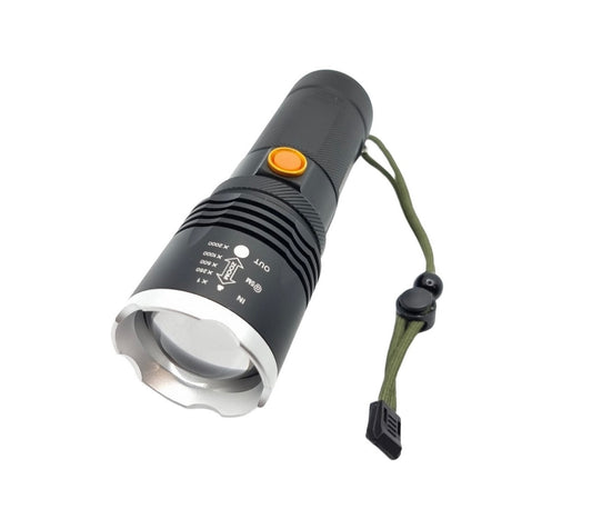 Linterna LED T9 de 20000 lm con zoom, power bank e indicador de carga BL2018