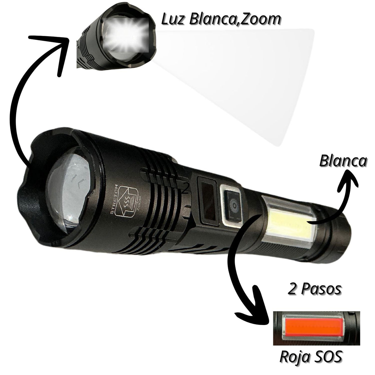Linterna recargable con zoom y luz lateral blanca y roja DT643 - foto 3