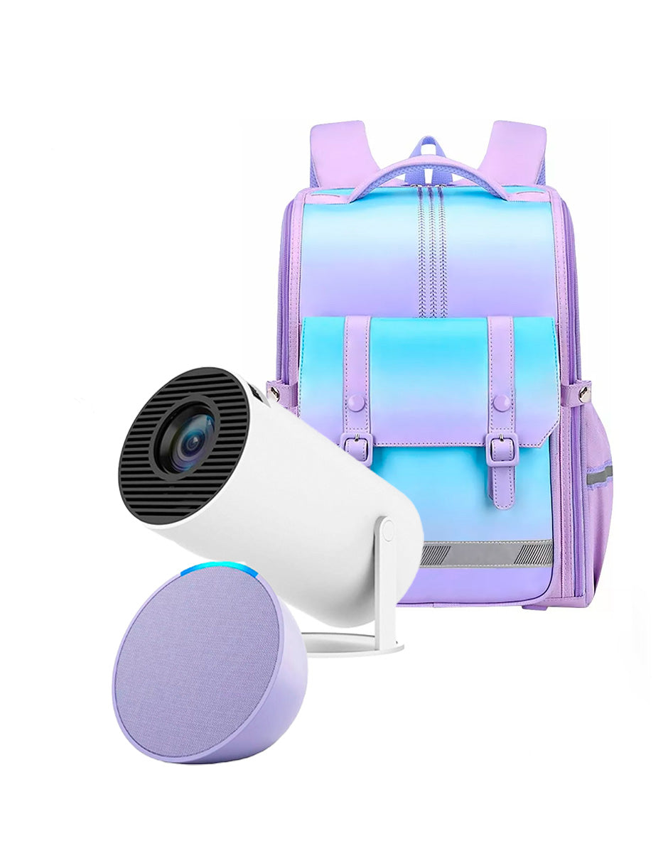 Combo Proyector Cañon Petukita Box Hd con Android/Wifi + Echo Pop Lila + Mochila de Viaje