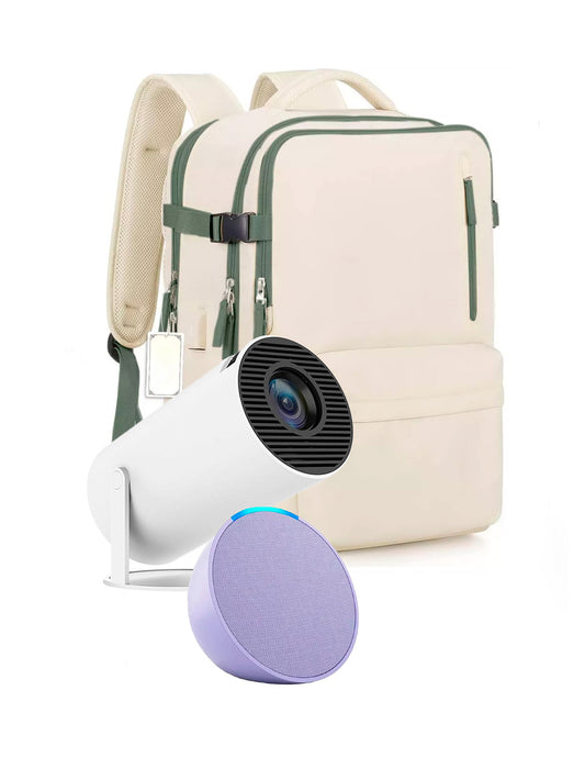 Combo Proyector Cañon Petukita Box Hd con Android/Wifi + Echo Pop Lila + Mochila de Viaje Beige