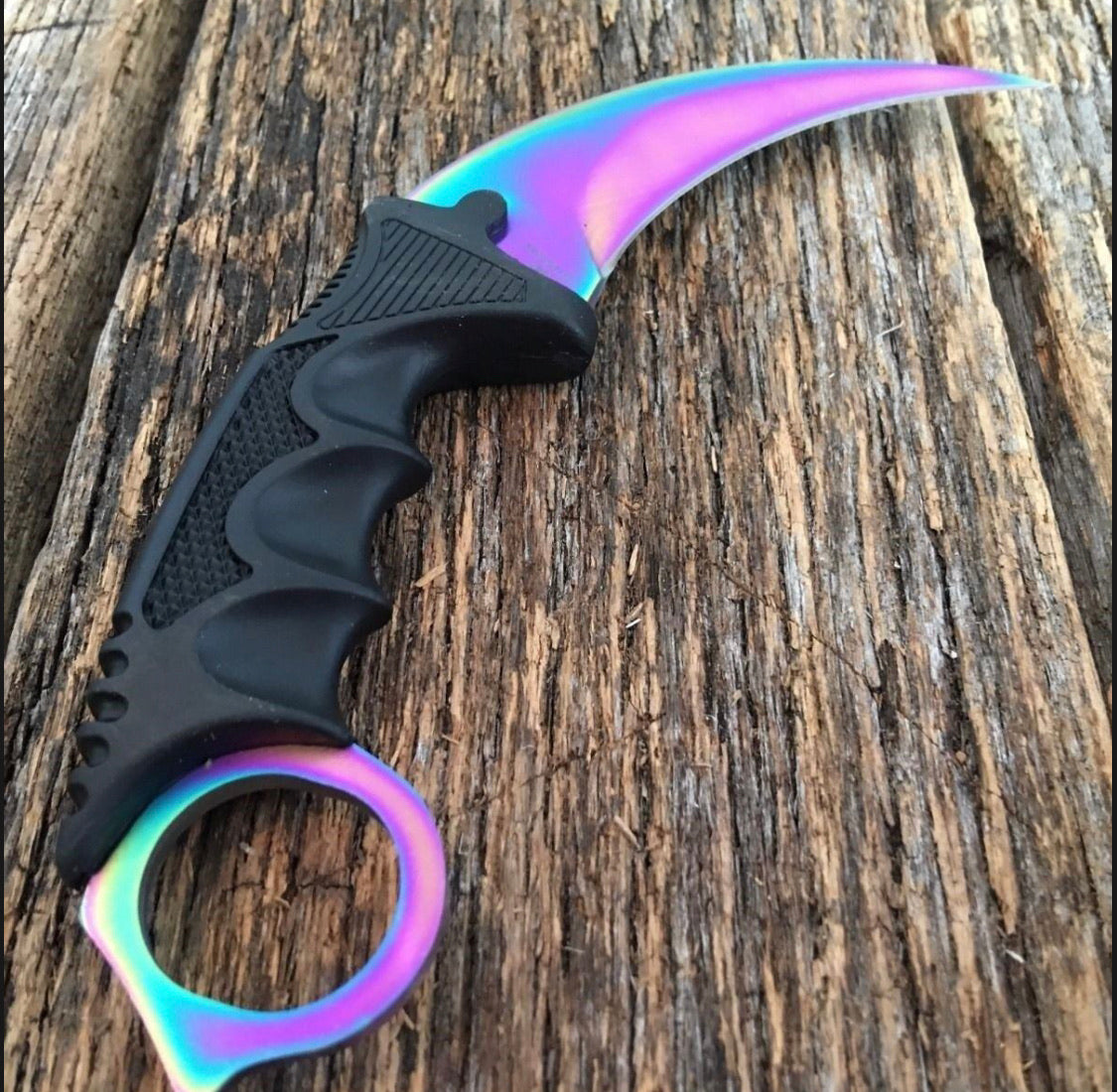 Cuchillo karambit de hoja fija color tornasol con funda - foto 4