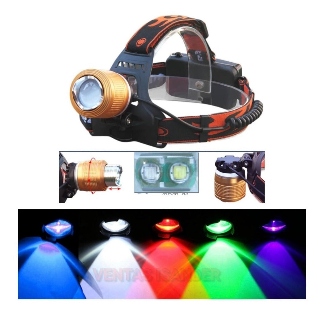 Linterna de 3000 lúmenes recargable con doble LED, zoom y luz roja y blanca