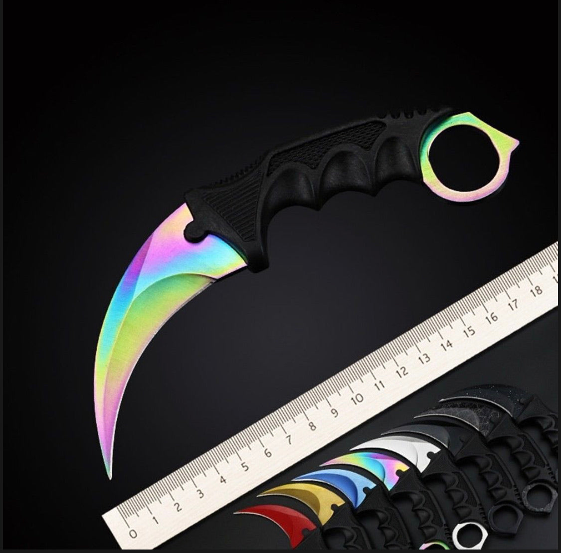 Cuchillo karambit de hoja fija color tornasol con funda - foto 6