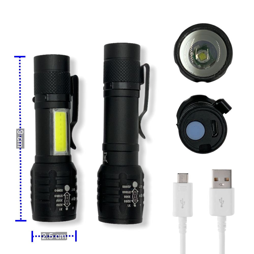 Mini linterna LED de 1200 lúmenes con zoom, luz lateral y clip