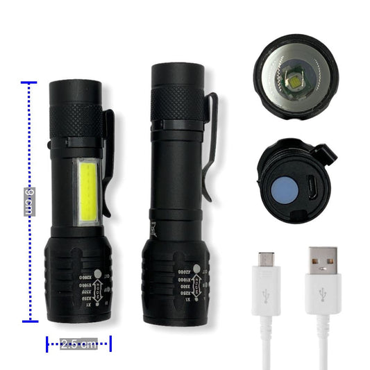 Mini linterna LED de 1200 lúmenes con zoom, luz lateral y clip