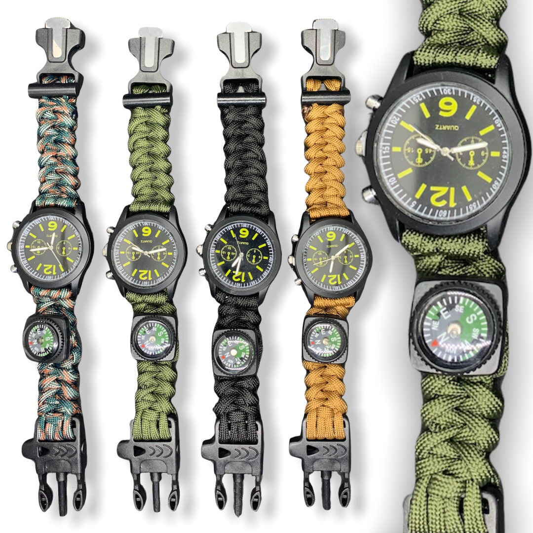 Reloj 6 en 1 de supervivencia con navaja, pedernal y paracord