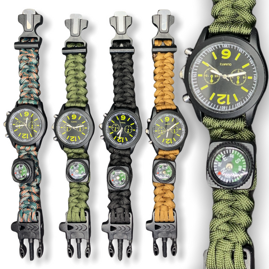 Reloj 6 en 1 de supervivencia con navaja, pedernal y paracord