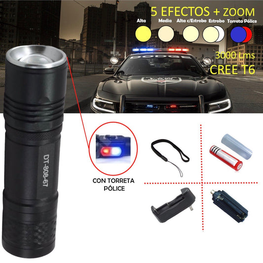 Lámpara de 3000 lúmenes con LED T6 y efecto patrulla rojo y azul