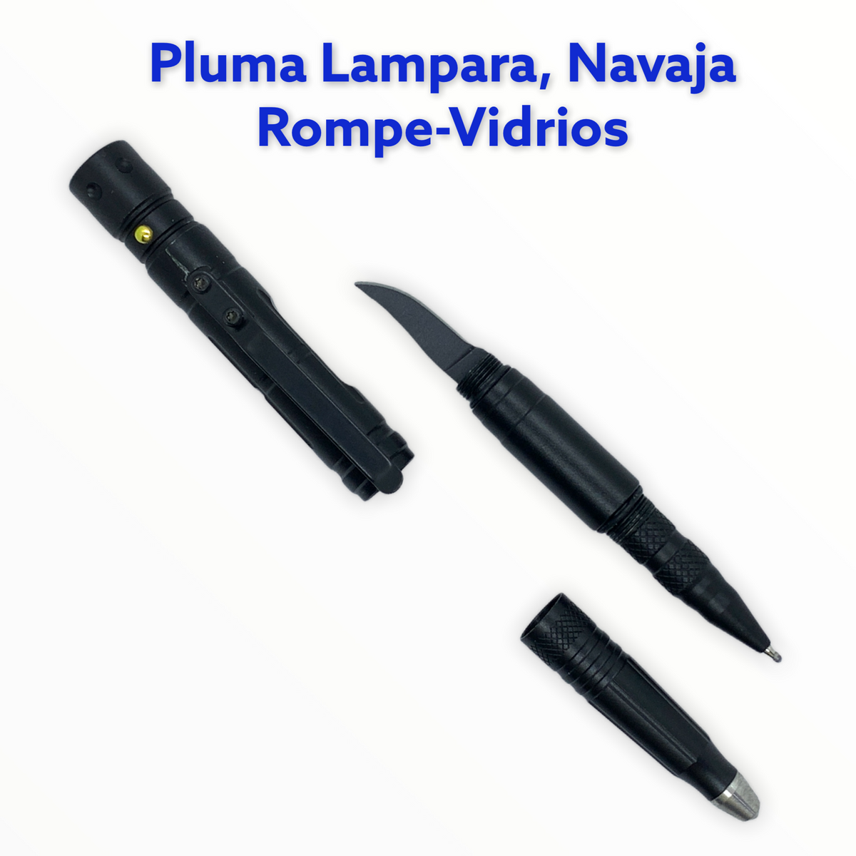 Pluma metálica de tinta negra con lámpara, navaja y rompevidrios