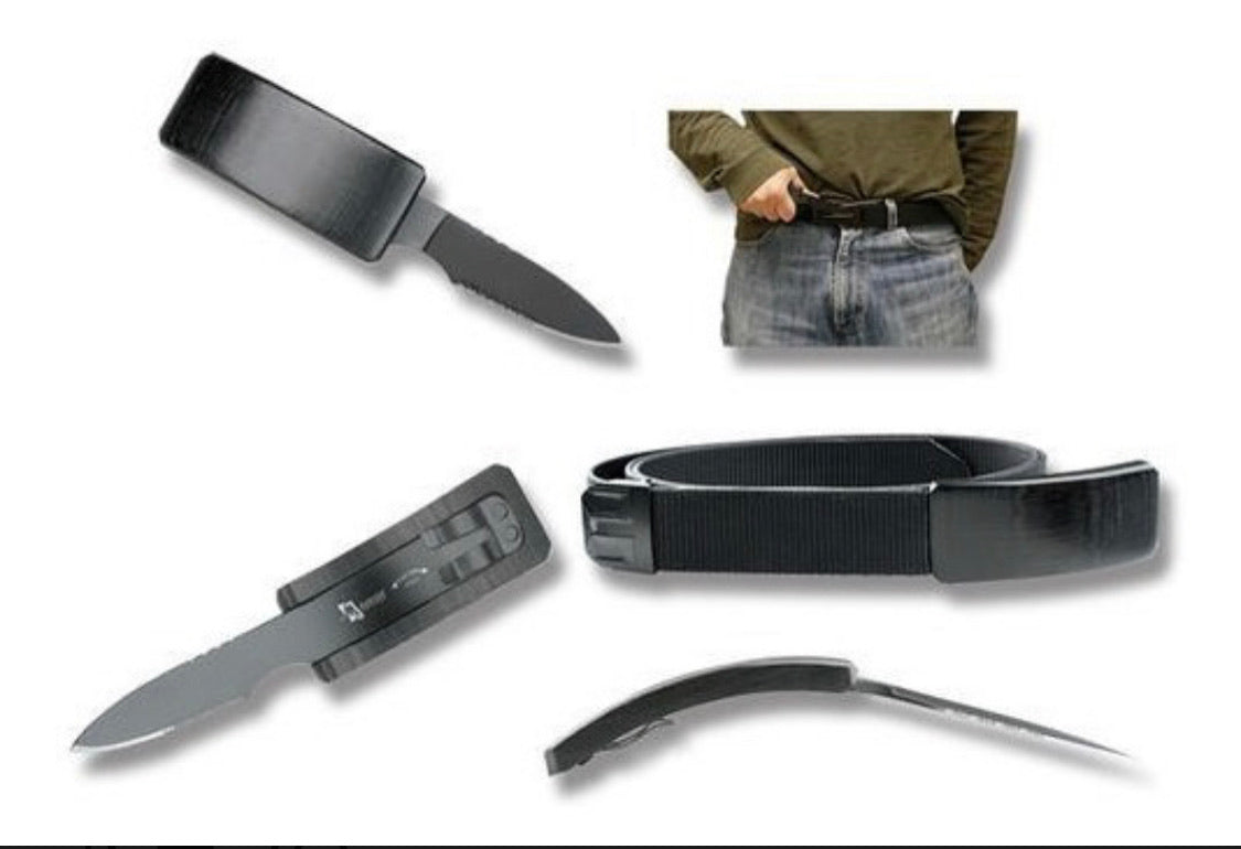 Navaja estilo cinturón táctico con diseño oculto, color negro