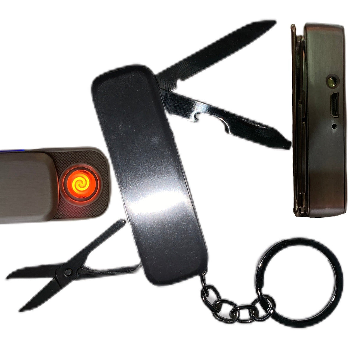 Llavero 6 en 1 con encendedor, luz LED, tijeras y navaja