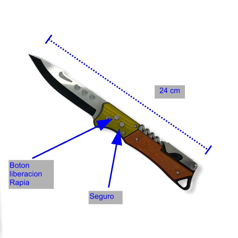 Navaja plegable con seguro, sacacorchos y destapador con clip