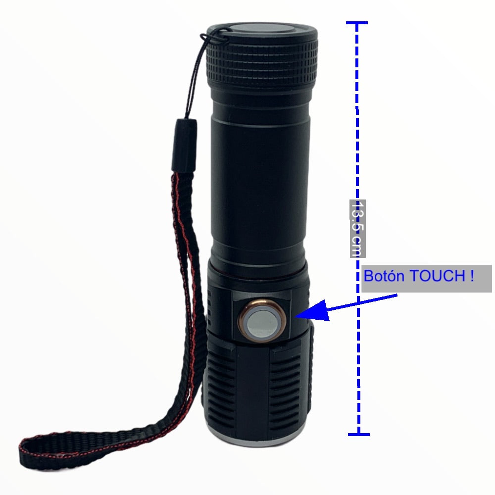 Linterna LED T6 con botón touch, zoom, pila 26650 y USB A731