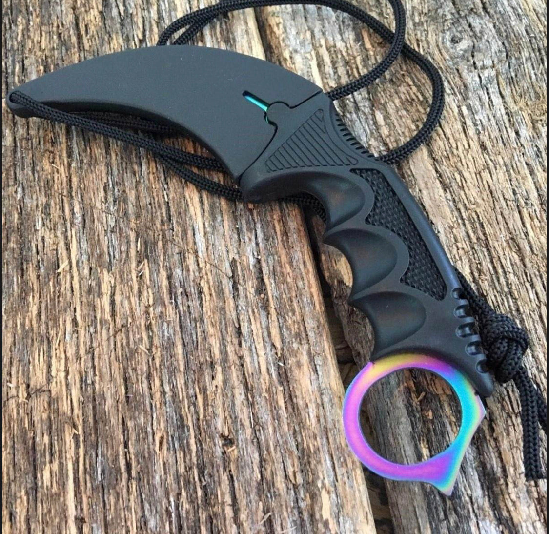 Cuchillo karambit de hoja fija color tornasol con funda - foto 5
